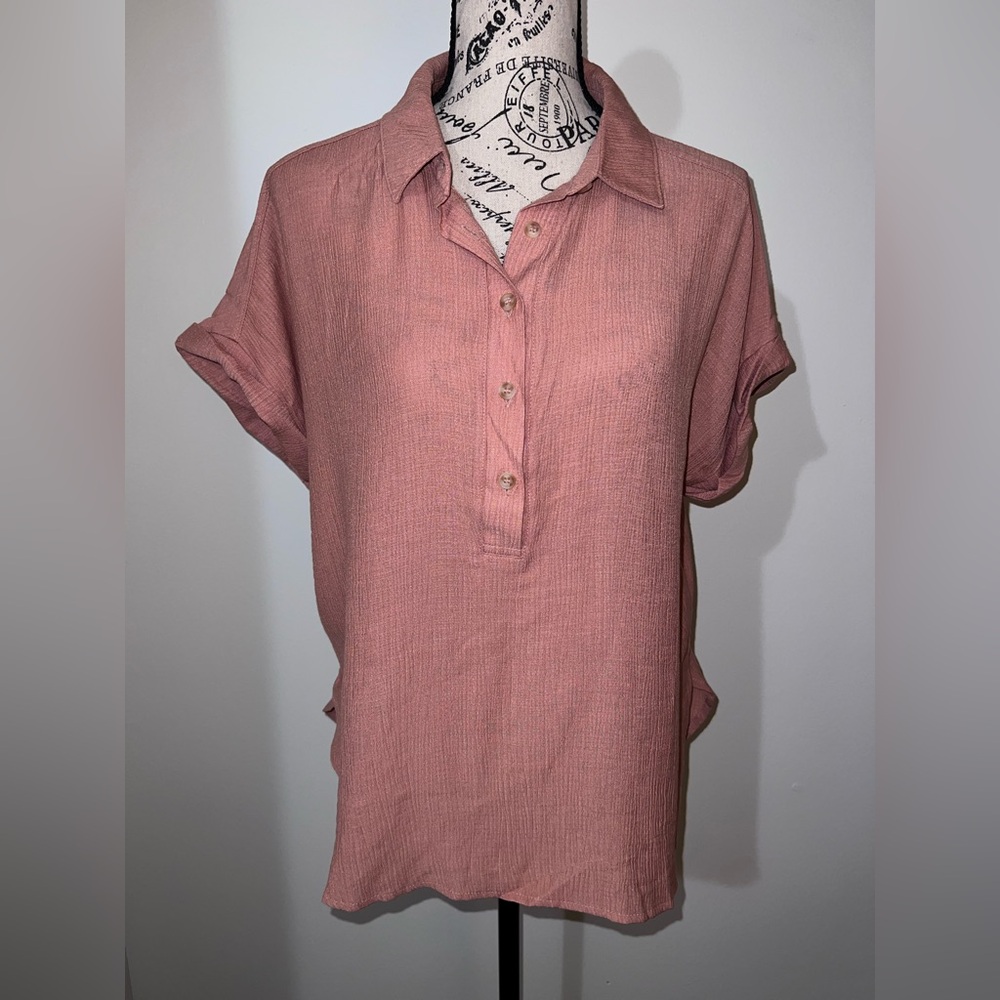 MINE Dusty Rose Textured Gauze Henley Blouse - Medium